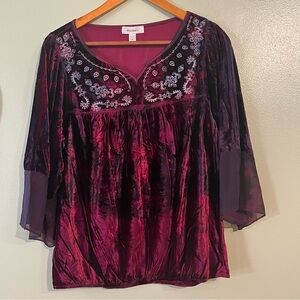 Dress barn Y2K  Velvet Blouse - Deep Red with Embroidery Bell Sleeve M
